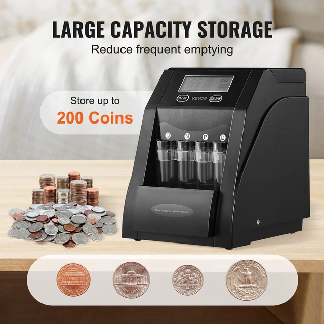 Alt view image 3 of 8 - VEVOR USD Coin Sorter, Coin Counter Machine for 4 Kinds of USD Coins, Coin Sorter and Wrapper Machine Holds up to 200 Coins, LCD Screen Display Coin Storage Included 4 Coin Tubes and Boxes