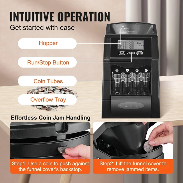 Alt view image 4 of 8 - VEVOR USD Coin Sorter, Coin Counter Machine for 4 Kinds of USD Coins, Coin Sorter and Wrapper Machine Holds up to 200 Coins, LCD Screen Display Coin Storage Included 4 Coin Tubes and Boxes