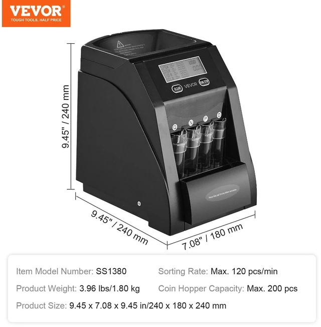 Alt view image 7 of 8 - VEVOR USD Coin Sorter, Coin Counter Machine for 4 Kinds of USD Coins, Coin Sorter and Wrapper Machine Holds up to 200 Coins, LCD Screen Display Coin Storage Included 4 Coin Tubes and Boxes