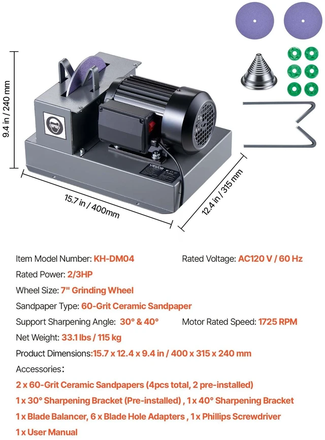Alt view image 7 of 8 - VEVOR Lawn Mower Blade Sharpener, 2/3HP Lawnmower Blade Grinder with 7" Ceramic Grinding Wheel and Balancer, 30° or 40° Blade Sharpening Machine for High Lift, Low Lift, Gator & Flat Blades