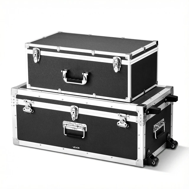 Main image of VEVOR Metal Storage Trunk, Set of 2, Wooden Suitcase Storage Boxes with Padlocks, Large Trunk Includes Casters and 3 Metal Handles, Decorative Store Chest with Lids for Travel, Apartment, Dorm, Black