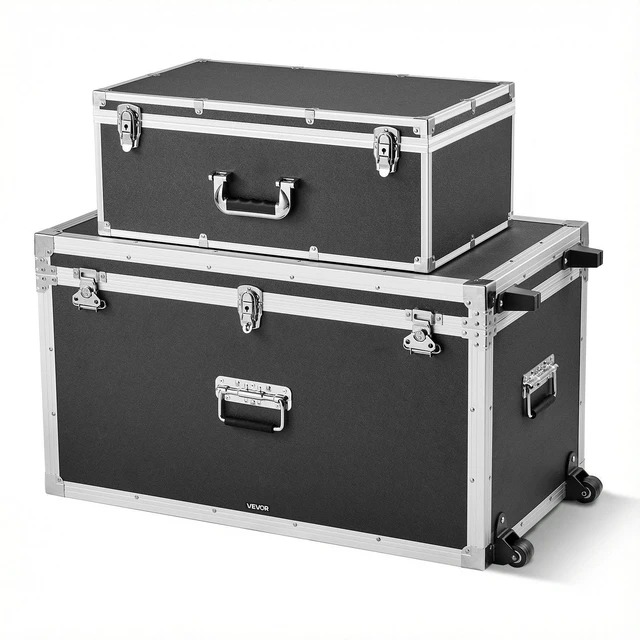 Main image of VEVOR Metal Storage Trunk, Set of 2, Wooden Suitcase Storage Boxes with Padlocks, Large Trunk Includes Casters & 3 Metal Handles, Decorative Store Chest with Lids for Travel, Apartment, Dorm, Black