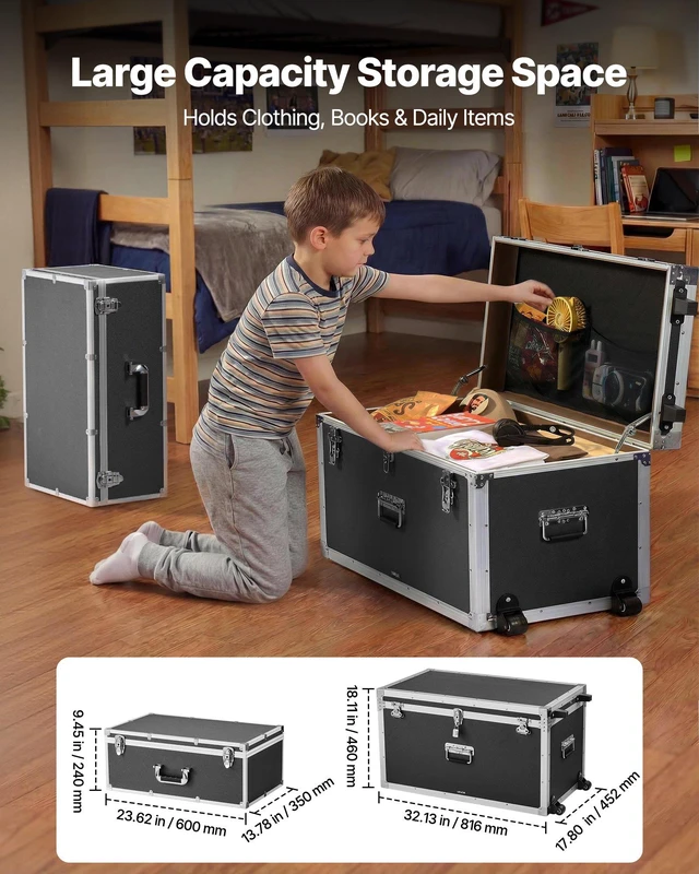 Alt view image 2 of 8 - VEVOR Metal Storage Trunk, Set of 2, Wooden Suitcase Storage Boxes with Padlocks, Large Trunk Includes Casters & 3 Metal Handles, Decorative Store Chest with Lids for Travel, Apartment, Dorm, Black
