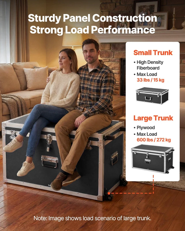 Alt view image 3 of 8 - VEVOR Metal Storage Trunk, Set of 2, Wooden Suitcase Storage Boxes with Padlocks, Large Trunk Includes Casters & 3 Metal Handles, Decorative Store Chest with Lids for Travel, Apartment, Dorm, Black