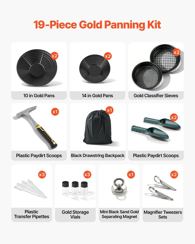 Alt view image 2 of 8 - VEVOR Gold Panning Kit, 10 in and 14 in Pans, 19 PCS Portable Prospecting Equipment Kit with Classifier Sieves, Sand Magnet, Rock Pick, Scoops, Backpack, and Accessories, for Outdoor Gold Recovery