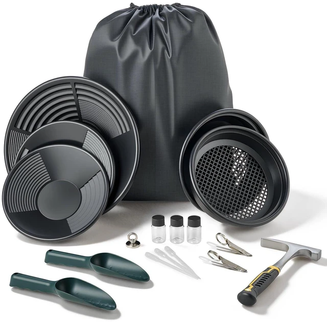 Main image of VEVOR Gold Panning Kit, 10 in and 14 in Pans, 19 PCS Portable Prospecting Equipment Kit with Classifier Sieves, Sand Magnet, Rock Pick, Scoops, Backpack, and Accessories, for Outdoor Gold Recovery