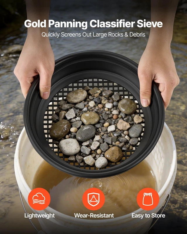 Alt view image 4 of 8 - VEVOR Gold Panning Kit, 10 in and 14 in Pans, 19 PCS Portable Prospecting Equipment Kit with Classifier Sieves, Sand Magnet, Rock Pick, Scoops, Backpack, and Accessories, for Outdoor Gold Recovery