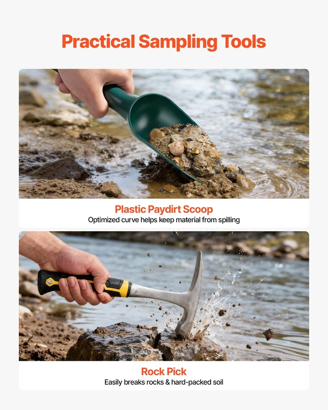 Alt view image 5 of 8 - VEVOR Gold Panning Kit, 10 in and 14 in Pans, 19 PCS Portable Prospecting Equipment Kit with Classifier Sieves, Sand Magnet, Rock Pick, Scoops, Backpack, and Accessories, for Outdoor Gold Recovery