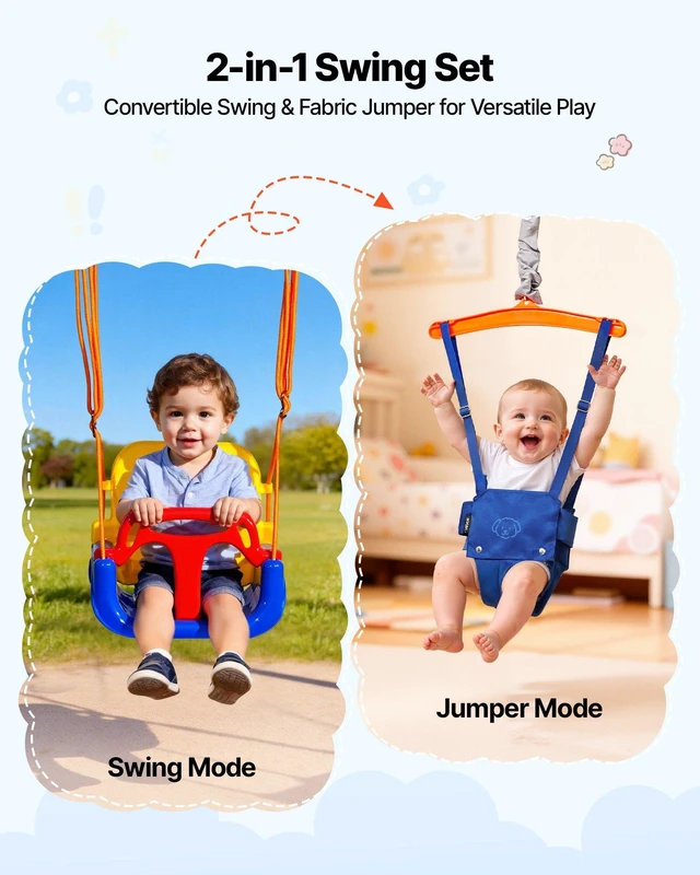 Alt view image 2 of 8 - VEVOR Toddler Swing and Jumper, 2 in 1 Swing Set and Bouncer, Thick Plastic Seat with Foldable A-Frame Metal Stand, Reinforced with 4 Sandbags, Easy to Install and Store, for Indoor or Outdoor Play