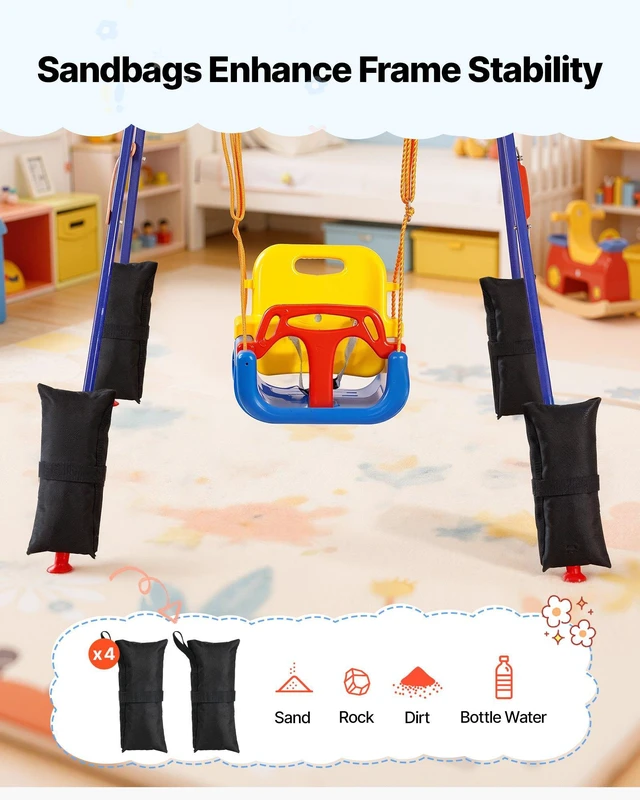 Alt view image 6 of 8 - VEVOR Toddler Swing and Jumper, 2 in 1 Swing Set and Bouncer, Thick Plastic Seat with Foldable A-Frame Metal Stand, Reinforced with 4 Sandbags, Easy to Install and Store, for Indoor or Outdoor Play