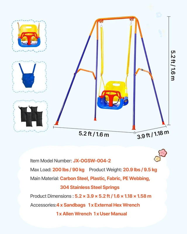 Alt view image 7 of 8 - VEVOR Toddler Swing and Jumper, 2 in 1 Swing Set and Bouncer, Thick Plastic Seat with Foldable A-Frame Metal Stand, Reinforced with 4 Sandbags, Easy to Install and Store, for Indoor or Outdoor Play