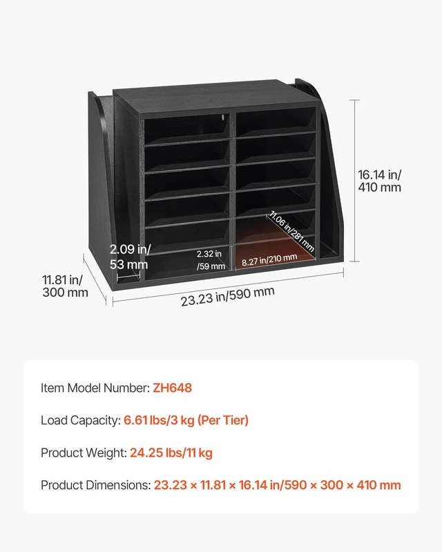 Alt view image 7 of 8 - VEVOR Literature Organizer, 12 Compartments Office Mailbox with Side Vertical Storage, Wooden Mailbox Sorter Made of Particle Board, Countertop Office Home Organizer for File, Document, Paper, Black