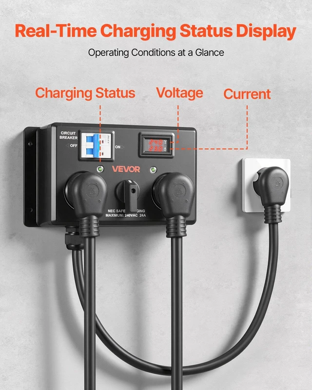 Alt view image 5 of 8 - VEVOR Manual EV Charging Switch, NEMA 10-30, Splitter Switch for Dryer & EV, 24A Max 240V Manual Power Distribution with Circuit Breaker, Real-Time Display, Hand-Operated Selector, Plug and Play, ETL