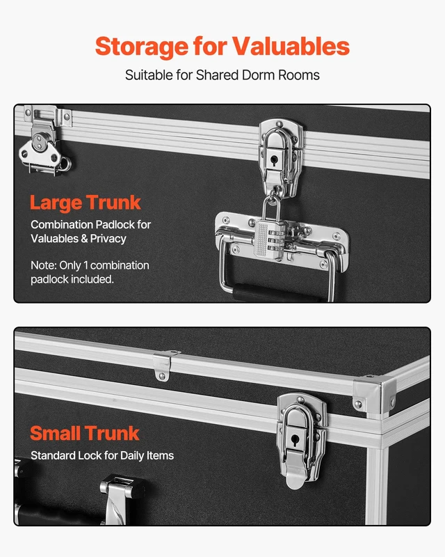 Alt view image 6 of 8 - VEVOR Metal Storage Trunk, Set of 2, Wooden Suitcase Storage Boxes with Padlocks, Large Trunk Includes Casters and 3 Metal Handles, Decorative Store Chest with Lids for Travel, Apartment, Dorm, Black