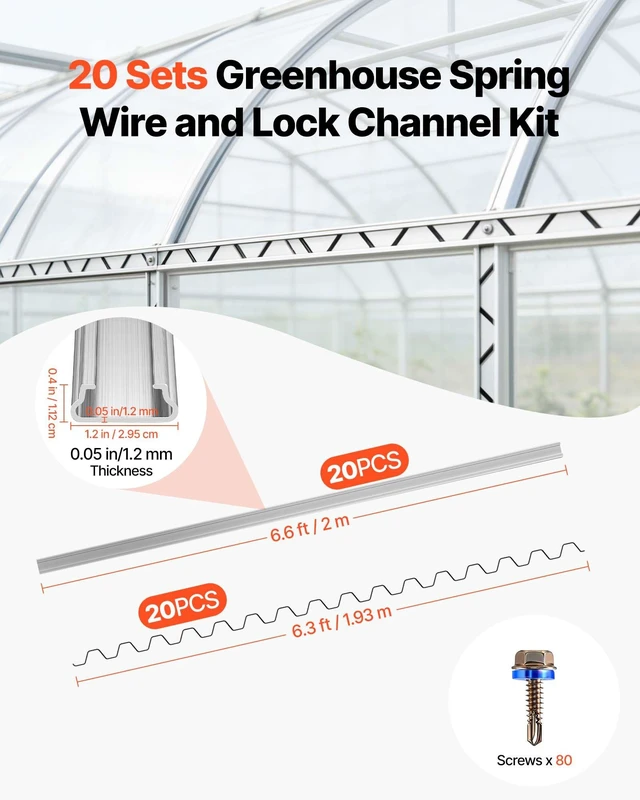 Alt view image 2 of 8 - VEVOR Greenhouse Spring Wire and Lock Channel, 20 Packs 6.56 ft PVC-Coated Wiggle Wire & Aluminum Alloy Channel Bundle Kit with Included Screws, 0.05 in Thickened, Poly Film & Shade Cloth Attachments