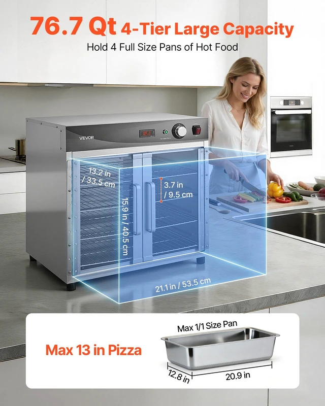 Alt view image 2 of 8 - VEVOR Electric Hot Box Food Warmer, 4-Tier Commercial Warming Cabinet with Water Tray, Glass Door and Adjustable Shelves, Stainless Steel Food Warmer Cabinet, for Restaurant, Kitchen, Pizza, Chicken