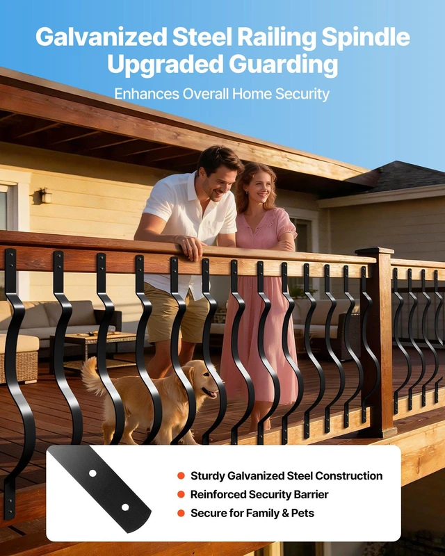 Alt view image 2 of 8 - VEVOR 61 Pack Deck Balusters, 32.28 x 1 in Metal Railing Spindles, Galvanized Steel Decking Stair Balusters with Screws, Stylish Wavy Design for Outdoor Deck, Porch & Staircase Railing Fence, Black