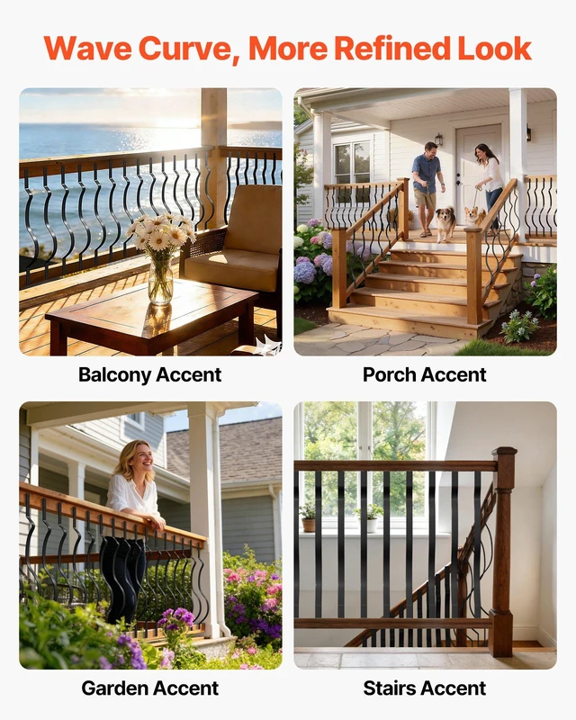 Alt view image 6 of 8 - VEVOR 61 Pack Deck Balusters, 32.28 x 1 in Metal Railing Spindles, Galvanized Steel Decking Stair Balusters with Screws, Stylish Wavy Design for Outdoor Deck, Porch & Staircase Railing Fence, Black