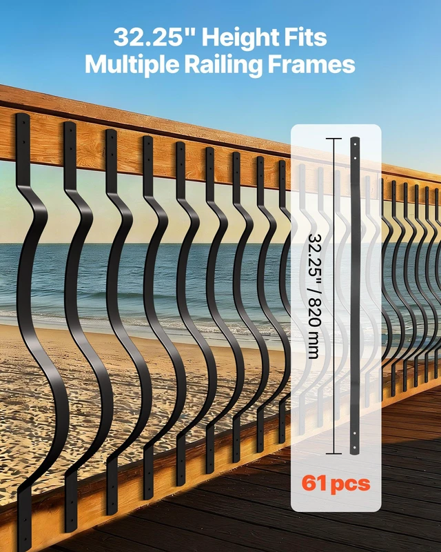 Alt view image 4 of 8 - VEVOR 61 Pack Deck Balusters, 32.28 x 1 in Metal Railing Spindles, Galvanized Steel Decking Stair Balusters with Screws, Stylish Wavy Design for Outdoor Deck, Porch & Staircase Railing Fence, Black