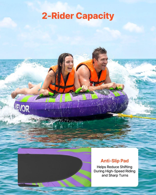 Alt view image 2 of 8 - VEVOR Towable Tubes for Boating, 2-Rider Inflatable Boat Tubes and Towables, 340lbs Capacity Water Sport Tube for Boat to Pull - with Anti-Slip Pad, Full Nylon Cover, Padded Handles & Safety Valve