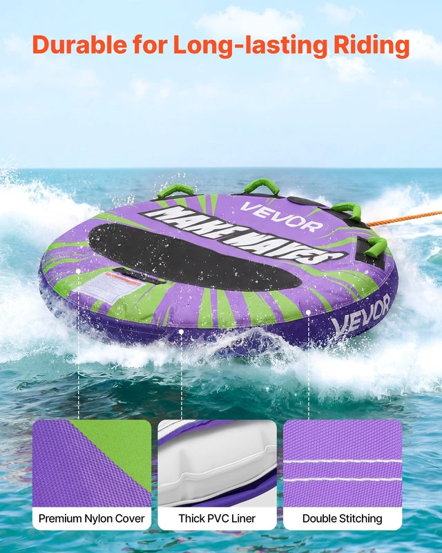 Alt view image 3 of 8 - VEVOR Towable Tubes for Boating, 2-Rider Inflatable Boat Tubes and Towables, 340lbs Capacity Water Sport Tube for Boat to Pull - with Anti-Slip Pad, Full Nylon Cover, Padded Handles & Safety Valve