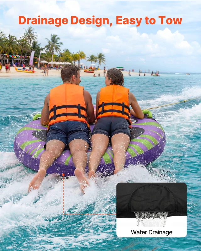 Alt view image 6 of 8 - VEVOR Towable Tubes for Boating, 2-Rider Inflatable Boat Tubes and Towables, 340lbs Capacity Water Sport Tube for Boat to Pull - with Anti-Slip Pad, Full Nylon Cover, Padded Handles & Safety Valve