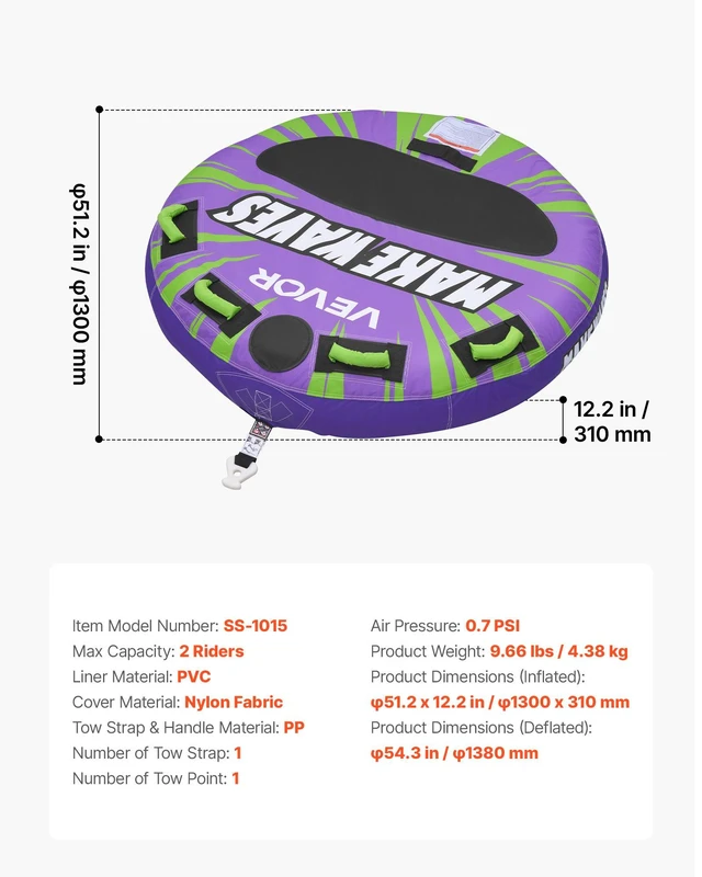 Alt view image 7 of 8 - VEVOR Towable Tubes for Boating, 2-Rider Inflatable Boat Tubes and Towables, 340lbs Capacity Water Sport Tube for Boat to Pull - with Anti-Slip Pad, Full Nylon Cover, Padded Handles & Safety Valve