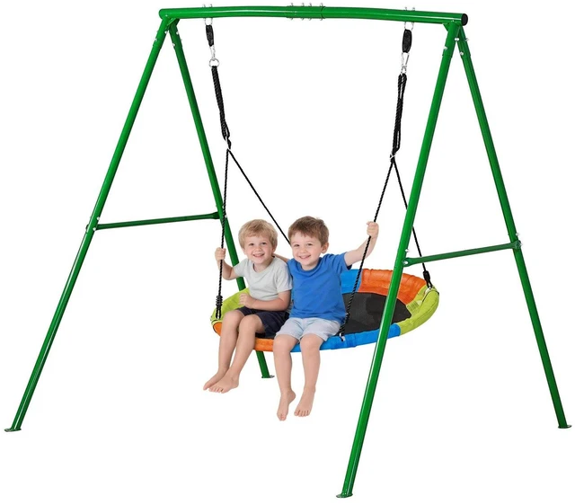 Main image of VEVOR Swing Set for Backyard, 40 in Saucer Swing Seat with Heavy Duty A-Frame Metal Stand, 440 lbs Load Capacity, Reinforced with Spiral Ground Anchors, Swingset Outdoor for Kids, Green and Colorful