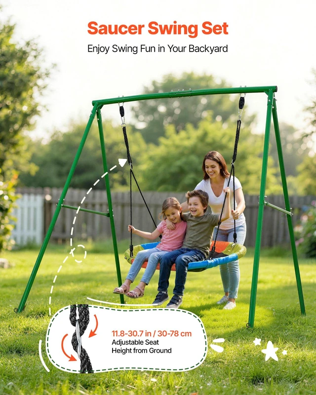 Alt view image 2 of 8 - VEVOR Swing Set for Backyard, 40 in Saucer Swing Seat with Heavy Duty A-Frame Metal Stand, 440 lbs Load Capacity, Reinforced with Spiral Ground Anchors, Swingset Outdoor for Kids, Green and Colorful