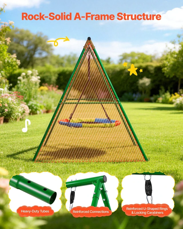 Alt view image 3 of 8 - VEVOR Swing Set for Backyard, 40 in Saucer Swing Seat with Heavy Duty A-Frame Metal Stand, 440 lbs Load Capacity, Reinforced with Spiral Ground Anchors, Swingset Outdoor for Kids, Green and Colorful