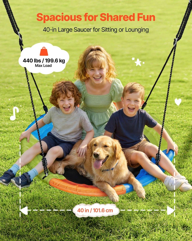 Alt view image 4 of 8 - VEVOR Swing Set for Backyard, 40 in Saucer Swing Seat with Heavy Duty A-Frame Metal Stand, 440 lbs Load Capacity, Reinforced with Spiral Ground Anchors, Swingset Outdoor for Kids, Green and Colorful