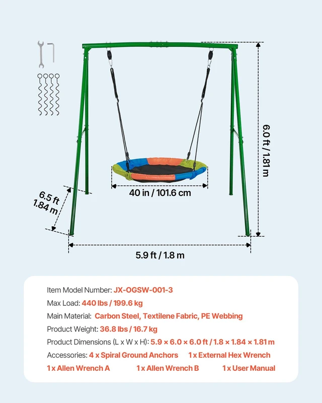 Alt view image 7 of 8 - VEVOR Swing Set for Backyard, 40 in Saucer Swing Seat with Heavy Duty A-Frame Metal Stand, 440 lbs Load Capacity, Reinforced with Spiral Ground Anchors, Swingset Outdoor for Kids, Green and Colorful