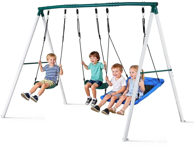 Main image of VEVOR Swing Set for Backyard, 45 x 30 in Swing Seat and Two Belt Seats, with Heavy Duty A-Frame Metal Stand, 700 lbs Load Capacity, Reinforced with Spiral Ground Anchors, Swingset Outdoor for Kids