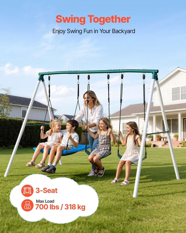 Alt view image 2 of 8 - VEVOR Swing Set for Backyard, 45 x 30 in Swing Seat and Two Belt Seats, with Heavy Duty A-Frame Metal Stand, 700 lbs Load Capacity, Reinforced with Spiral Ground Anchors, Swingset Outdoor for Kids