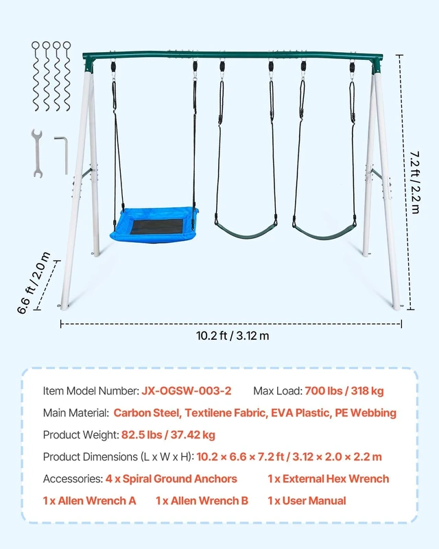 Alt view image 7 of 8 - VEVOR Swing Set for Backyard, 45 x 30 in Swing Seat and Two Belt Seats, with Heavy Duty A-Frame Metal Stand, 700 lbs Load Capacity, Reinforced with Spiral Ground Anchors, Swingset Outdoor for Kids