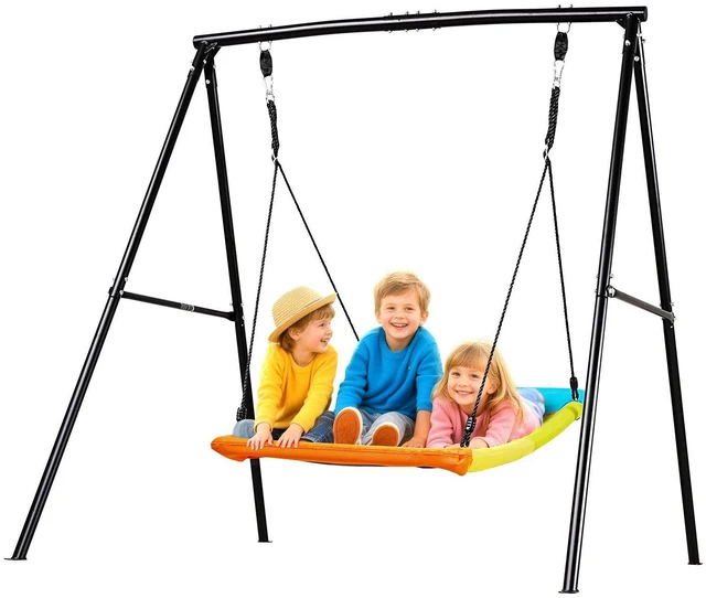 Main image of VEVOR Swing Set for Backyard, 60 x 32 in Swing Seat with Heavy Duty A-Frame Metal Stand, 440 lbs Load Capacity, Reinforced with Spiral Ground Anchors, Swingset Outdoor for Kids, Black and Colorful