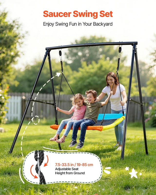 Alt view image 2 of 8 - VEVOR Swing Set for Backyard, 60 x 32 in Swing Seat with Heavy Duty A-Frame Metal Stand, 440 lbs Load Capacity, Reinforced with Spiral Ground Anchors, Swingset Outdoor for Kids, Black and Colorful