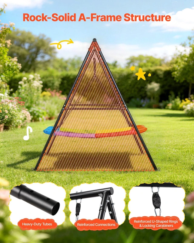 Alt view image 3 of 8 - VEVOR Swing Set for Backyard, 60 x 32 in Swing Seat with Heavy Duty A-Frame Metal Stand, 440 lbs Load Capacity, Reinforced with Spiral Ground Anchors, Swingset Outdoor for Kids, Black and Colorful