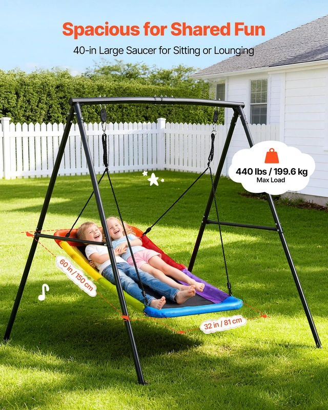 Alt view image 4 of 8 - VEVOR Swing Set for Backyard, 60 x 32 in Swing Seat with Heavy Duty A-Frame Metal Stand, 440 lbs Load Capacity, Reinforced with Spiral Ground Anchors, Swingset Outdoor for Kids, Black and Colorful