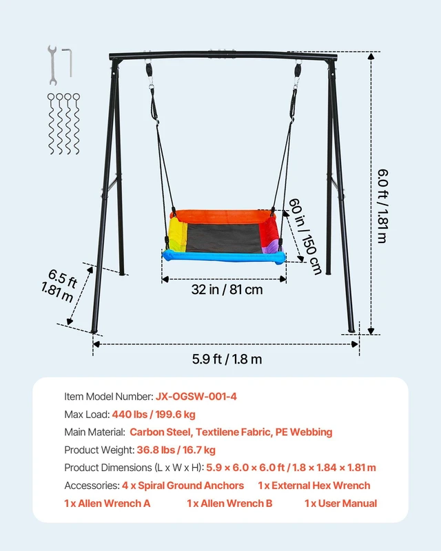 Alt view image 7 of 8 - VEVOR Swing Set for Backyard, 60 x 32 in Swing Seat with Heavy Duty A-Frame Metal Stand, 440 lbs Load Capacity, Reinforced with Spiral Ground Anchors, Swingset Outdoor for Kids, Black and Colorful