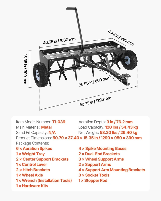Alt view image 7 of 8 - VEVOR Tow Behind Plug Aerator, 40 in Lawn Core Aerator Tool Universal Hitch, 120lbs Weight Capacity, Heavy Duty & Rust-Resistant, Pull Behind Spike Aerators with Tray for Farmland & Garden Tractors
