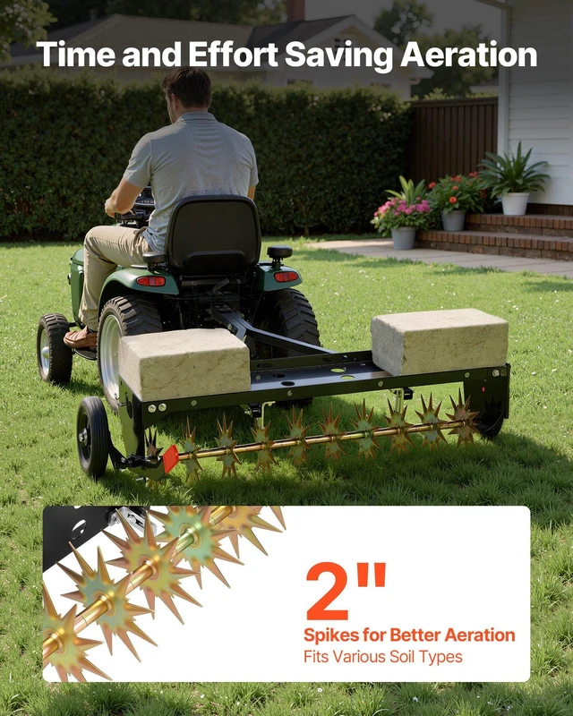 Alt view image 3 of 8 - VEVOR Tow Behind Plug Aerator, 40 in Lawn Spike Aerator with Universal Hitch, 150lbs Weight Capacity, Heavy Duty & Rust-Resistant, Pull Behind Aeration Tool with Tray for Farmland & Garden Tractors