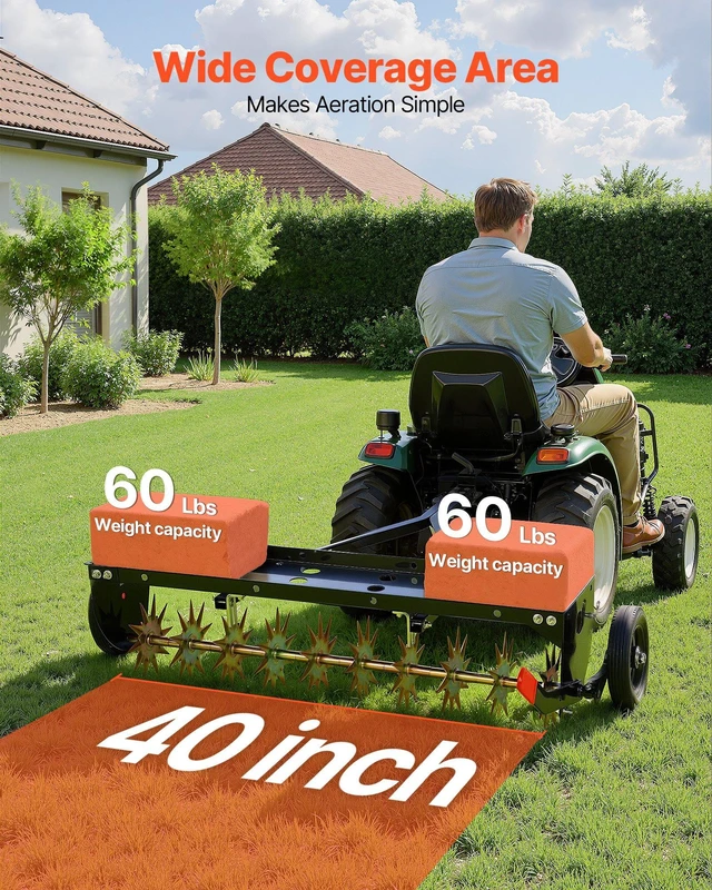 Alt view image 2 of 8 - VEVOR Tow Behind Plug Aerator, 40 in Lawn Spike Aerator with Universal Hitch, 150lbs Weight Capacity, Heavy Duty & Rust-Resistant, Pull Behind Aeration Tool with Tray for Farmland & Garden Tractors
