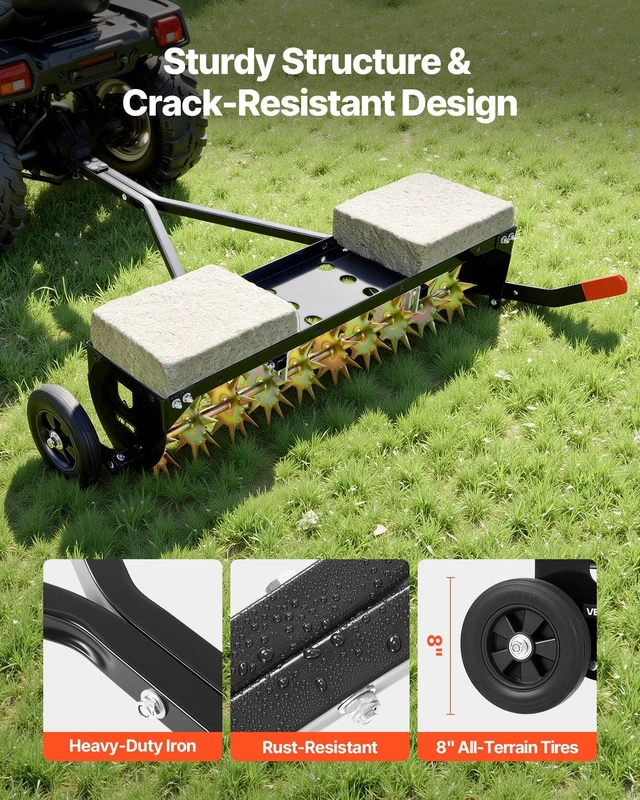 Alt view image 4 of 8 - VEVOR Tow Behind Plug Aerator, 40 in Lawn Spike Aerator with Universal Hitch, 150lbs Weight Capacity, Heavy Duty & Rust-Resistant, Pull Behind Aeration Tool with Tray for Farmland & Garden Tractors