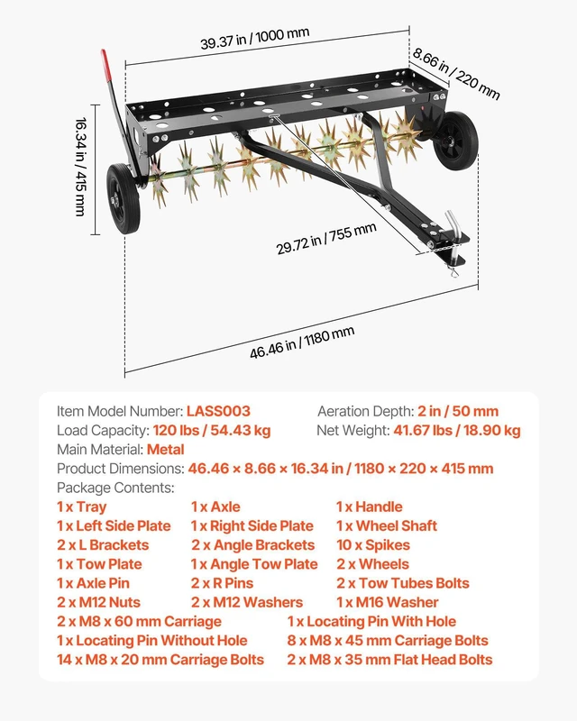 Alt view image 7 of 8 - VEVOR Tow Behind Plug Aerator, 40 in Lawn Spike Aerator with Universal Hitch, 150lbs Weight Capacity, Heavy Duty & Rust-Resistant, Pull Behind Aeration Tool with Tray for Farmland & Garden Tractors