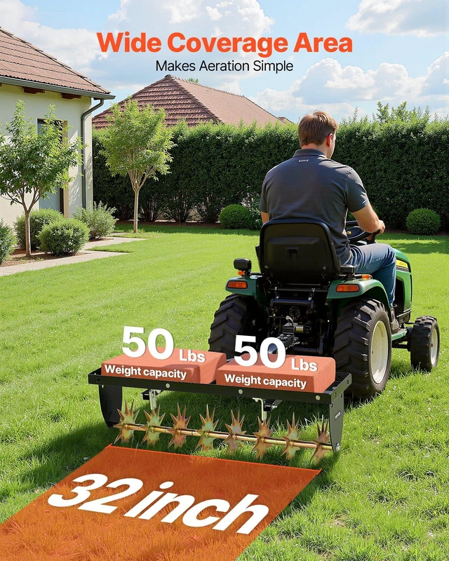 Alt view image 2 of 8 - VEVOR Tow Behind Plug Aerator, 32 in Lawn Spike Aerator with Universal Hitch, Heavy Duty & Rust-Resistant, Pull Behind Spike Aerator Tool with Folded Edge Tray, for Farmland & Garden Tractors