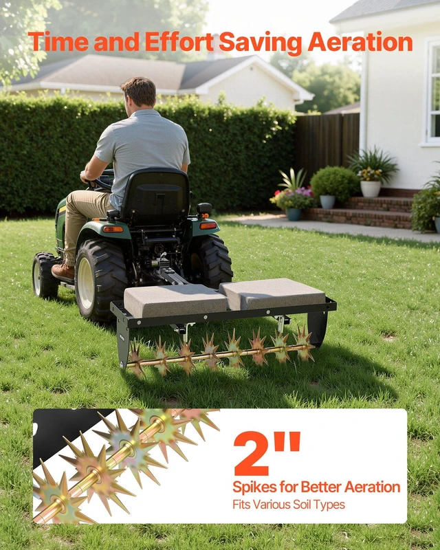 Alt view image 3 of 8 - VEVOR Tow Behind Plug Aerator, 32 in Lawn Spike Aerator with Universal Hitch, Heavy Duty & Rust-Resistant, Pull Behind Spike Aerator Tool with Folded Edge Tray, for Farmland & Garden Tractors