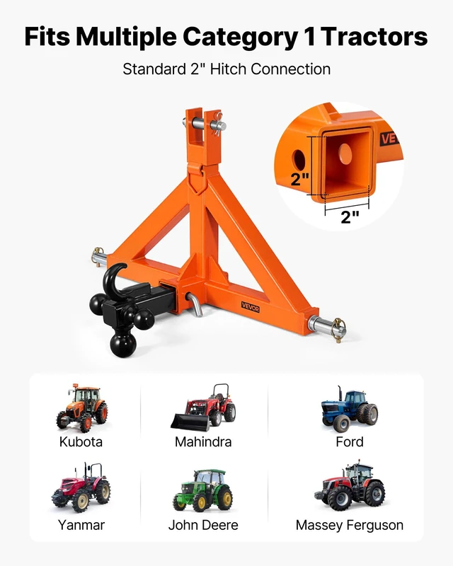 Alt view image 2 of 8 - VEVOR 3 Point Trailer Hitch with 2" Receiver, 3 Pt Quick Hitch Attachment with 3 Trailer Balls, Tractor Tow Drawbar Adapter for Category 1, Kubota, Mahindra, Ford, Yanmar, John Deere, Massey Ferguson