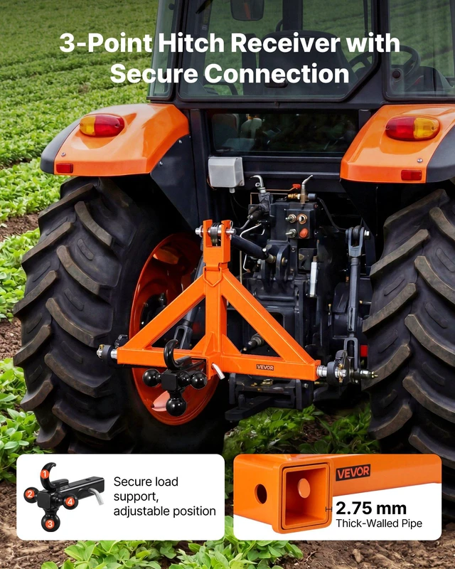 Alt view image 3 of 8 - VEVOR 3 Point Trailer Hitch with 2" Receiver, 3 Pt Quick Hitch Attachment with 3 Trailer Balls, Tractor Tow Drawbar Adapter for Category 1, Kubota, Mahindra, Ford, Yanmar, John Deere, Massey Ferguson