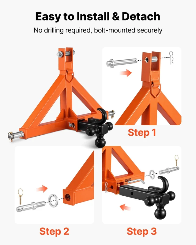 Alt view image 5 of 8 - VEVOR 3 Point Trailer Hitch with 2" Receiver, 3 Pt Quick Hitch Attachment with 3 Trailer Balls, Tractor Tow Drawbar Adapter for Category 1, Kubota, Mahindra, Ford, Yanmar, John Deere, Massey Ferguson